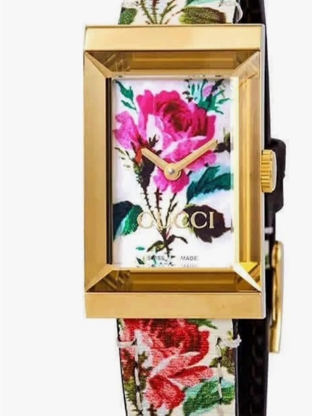 Gucci Gold-Tone Rectangular Floral Women's Watch with Pink and Green Dial